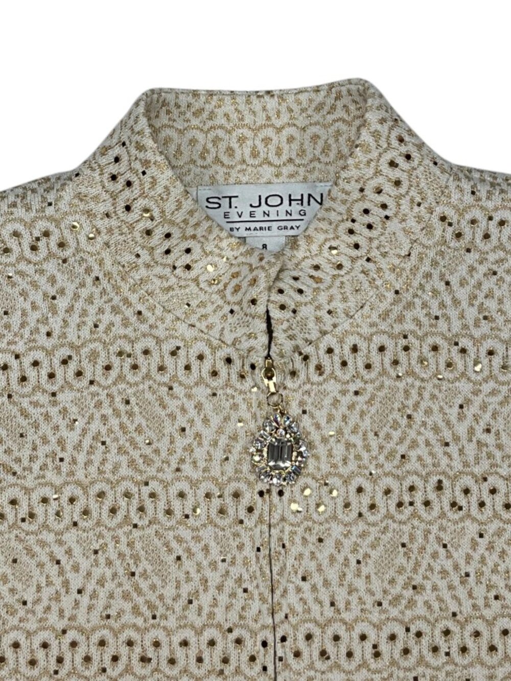 St. John Evening Vintage Embellished Knit Jacket 8 Cream Gold Zipper Front - Picture 6 of 16